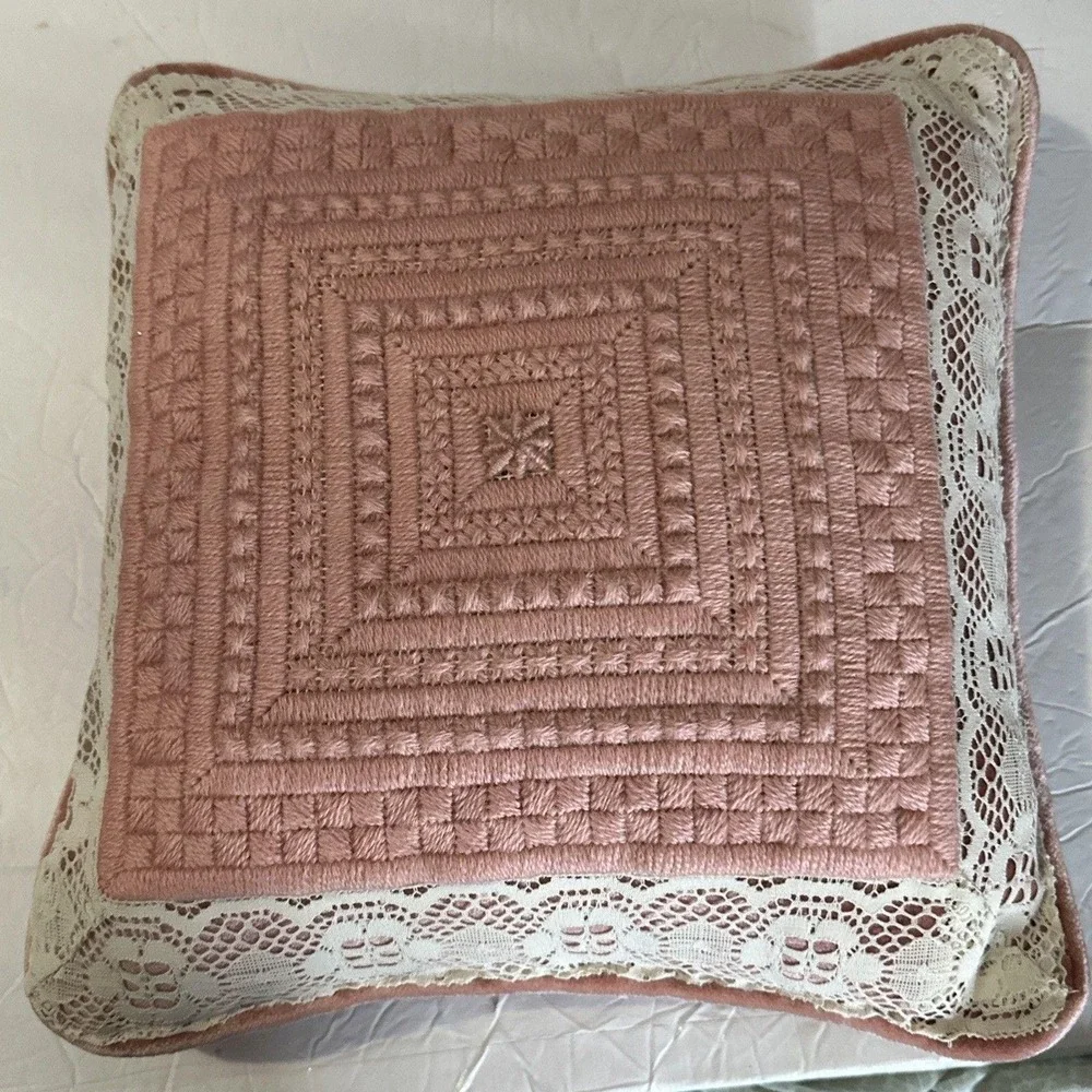 Pink Velvet Lace Handmade Stitched Vintage Cottagecore Pillow Shabby Chic